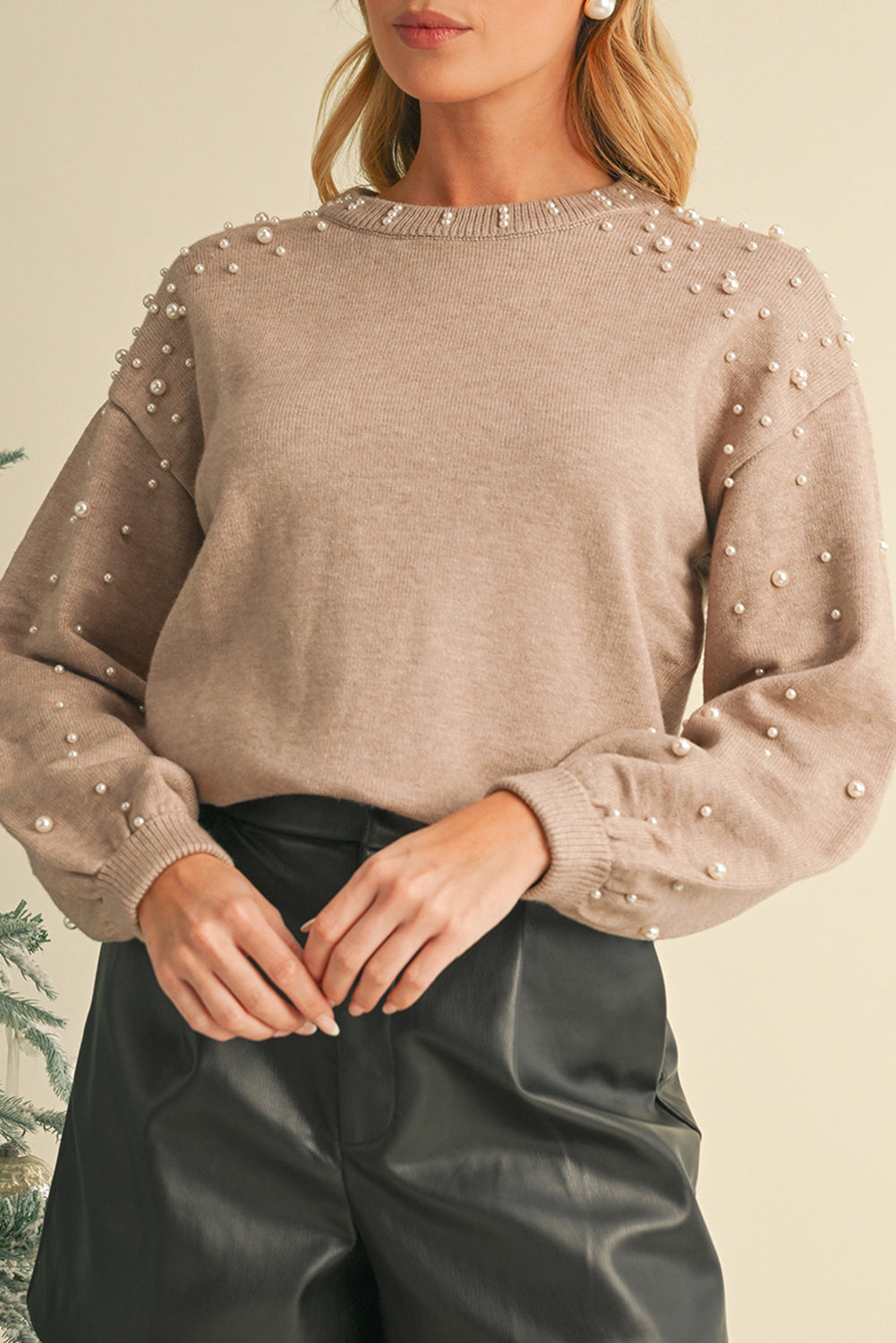 Evergreen Pearl Drop Shoulder Round Neck Sweater