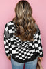 Black Checkered Print Drop Shoulder Round Neck Sweater