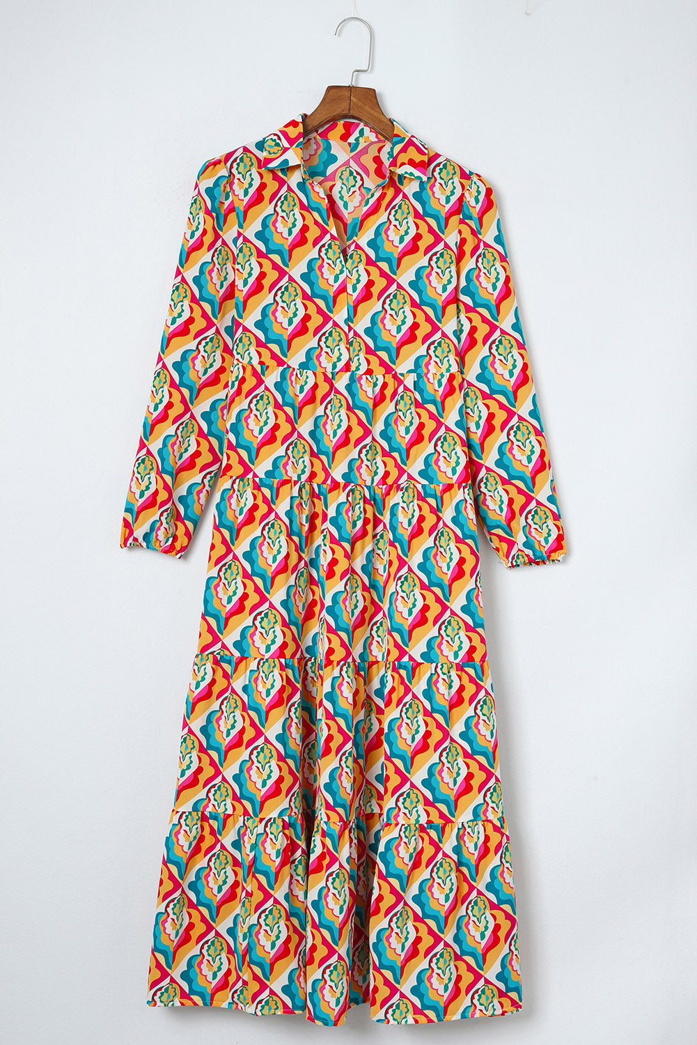 Multicolor Abstract Geometric Print Notch Neck Tiered Boho Dress