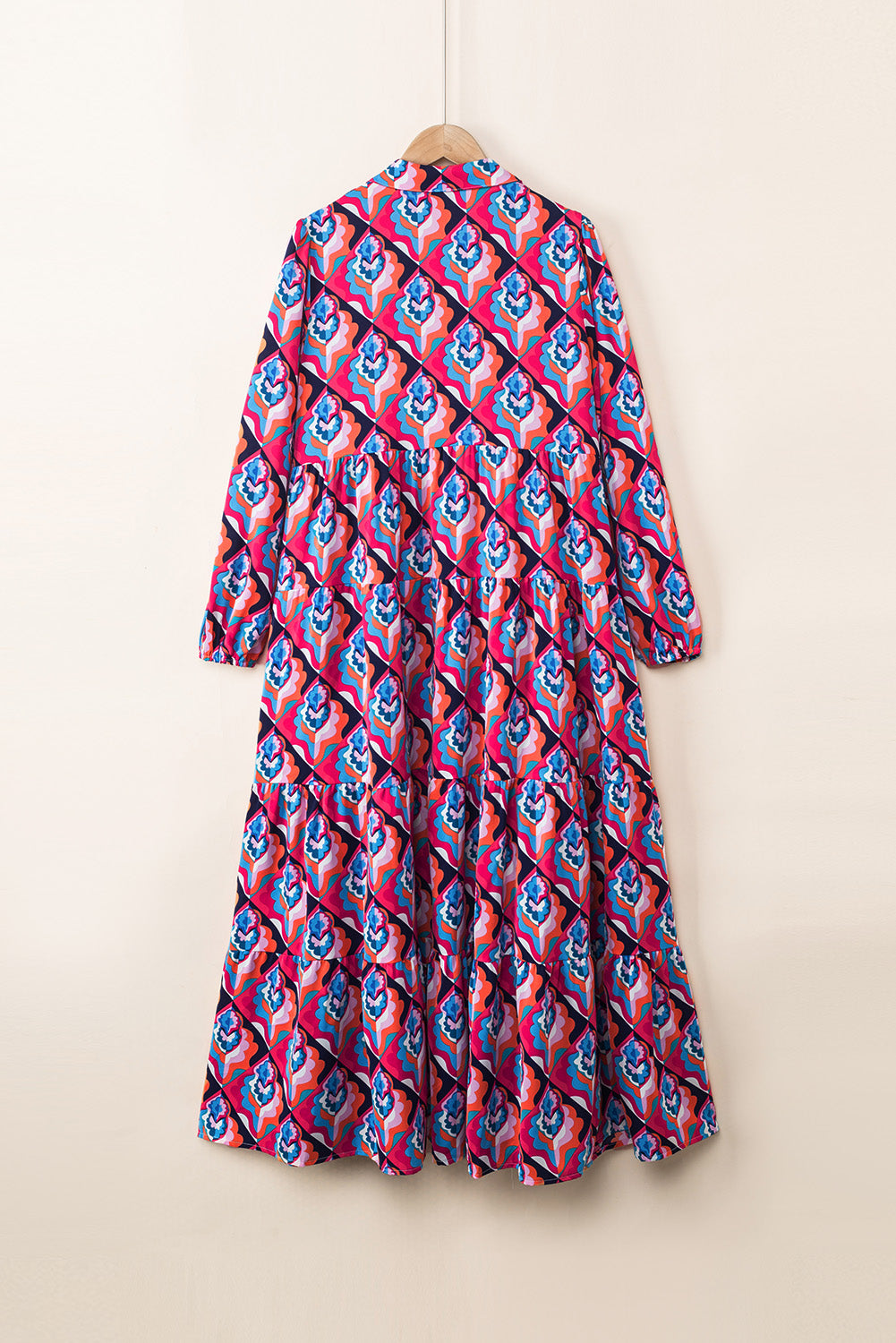 Multicolor Abstract Geometric Print Notch Neck Tiered Boho Dress