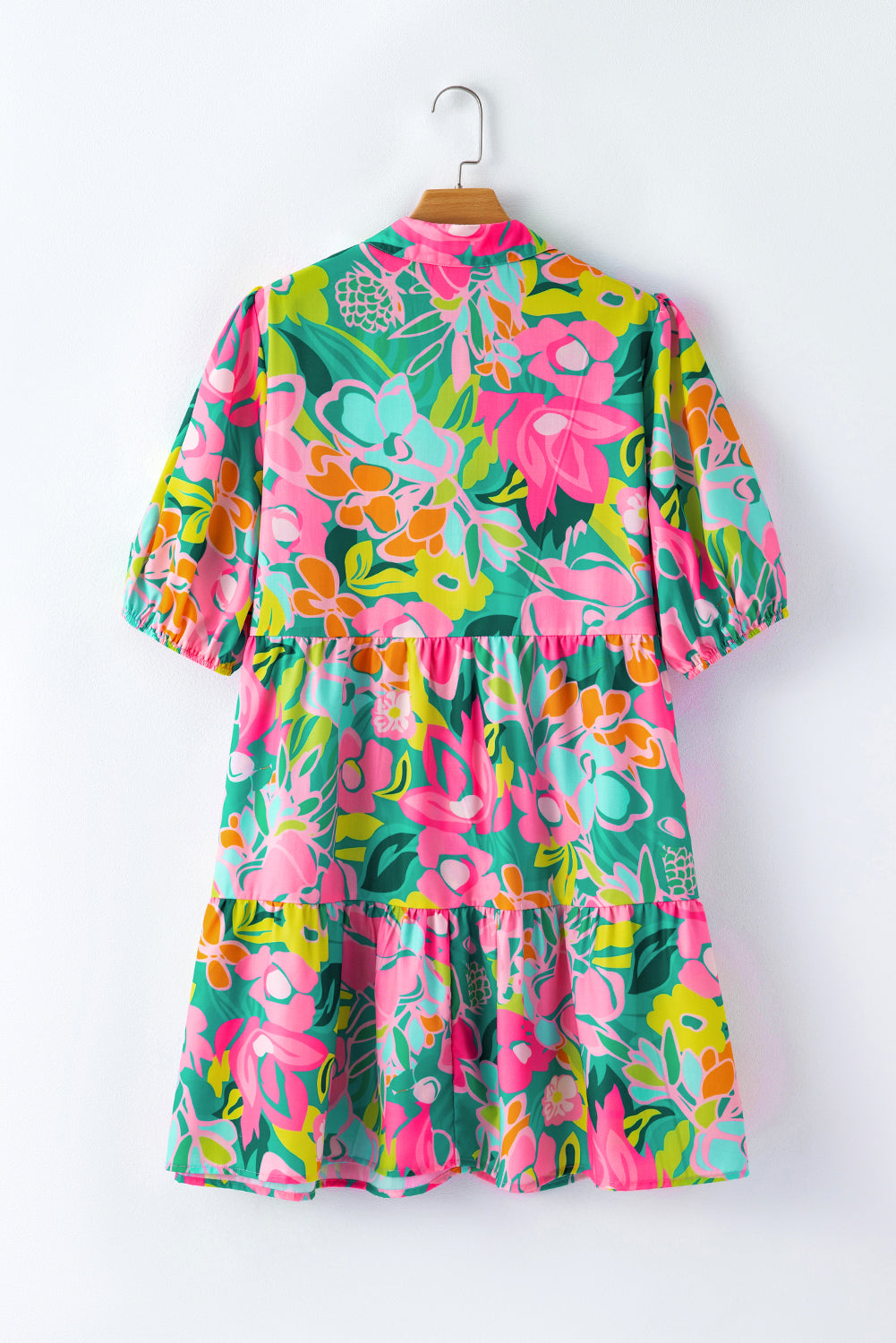 Green Plus Floral Print Puff Sleeve Tiered Shirt Tunic Dress