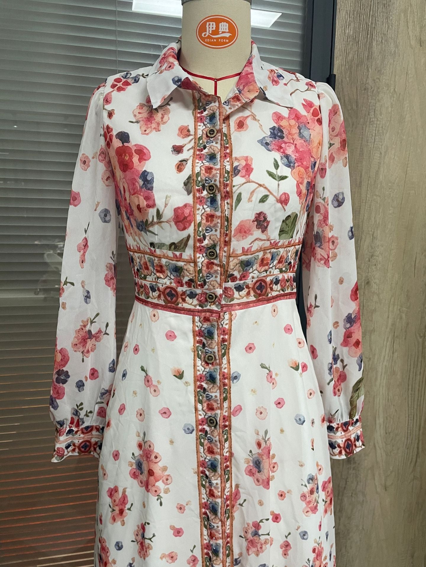 Long Sleeve Button Print Dress