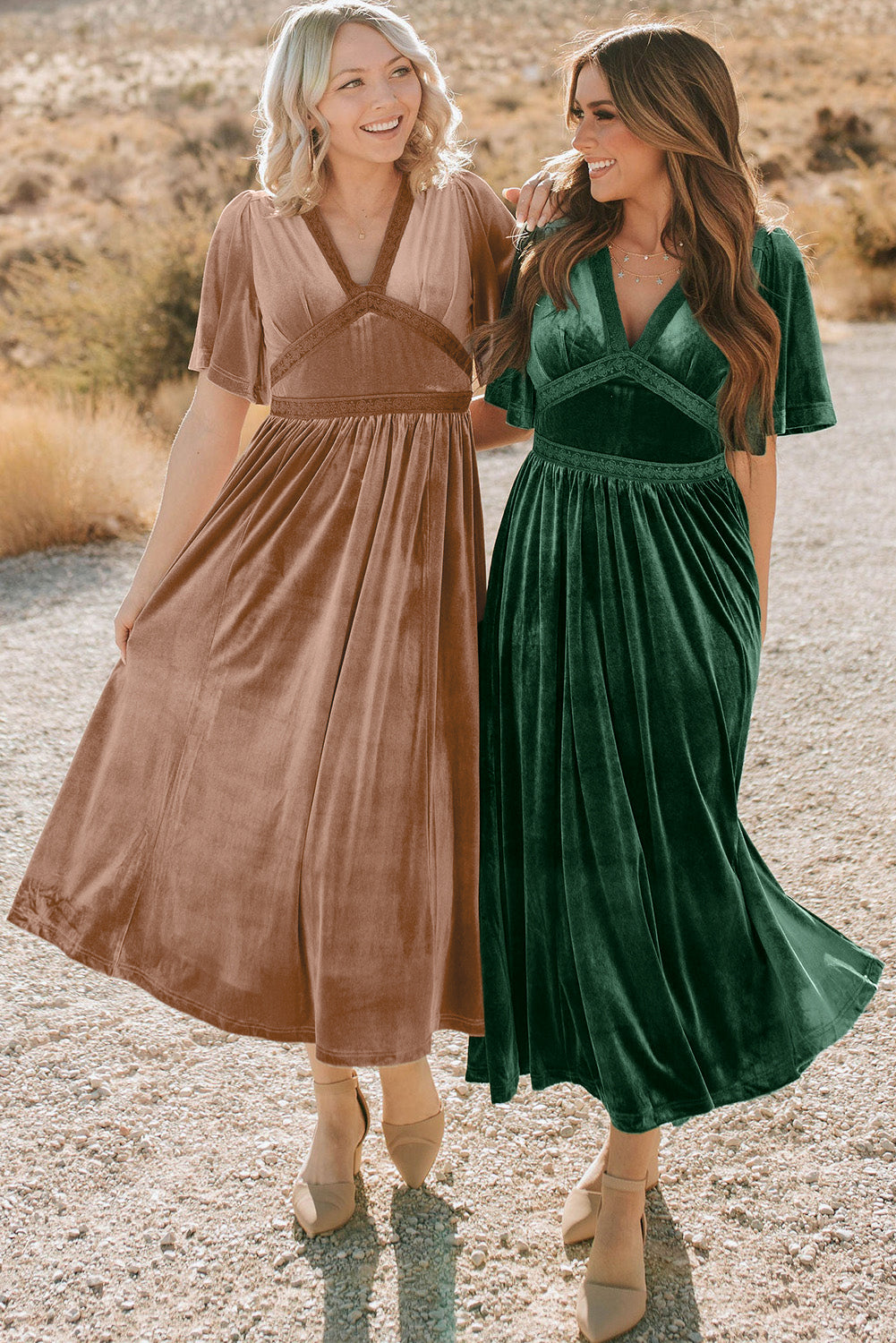 Chestnut Velvet Lacy V Neckline Empire Waist Flowy Maxi Dress