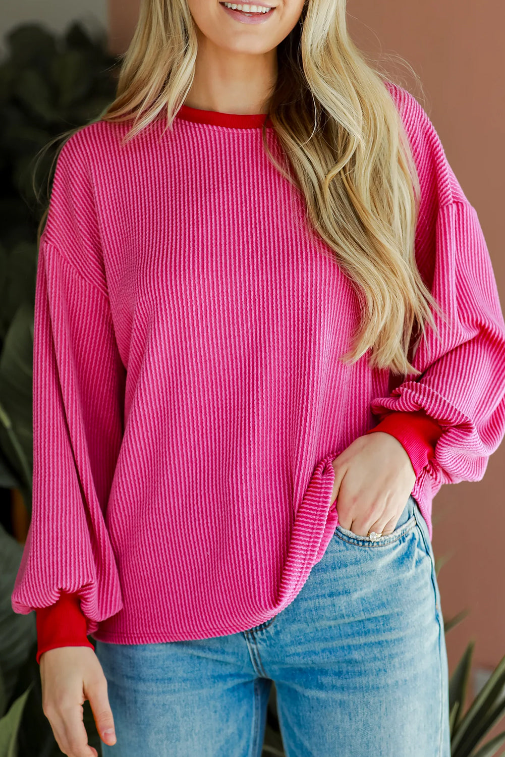 Bright Pink Corded Contrast Edge Drop Shoulder Sweatshirt