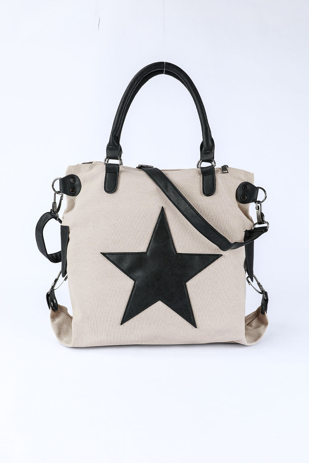 Beige Casual Star Patched Canvas Tote Bag