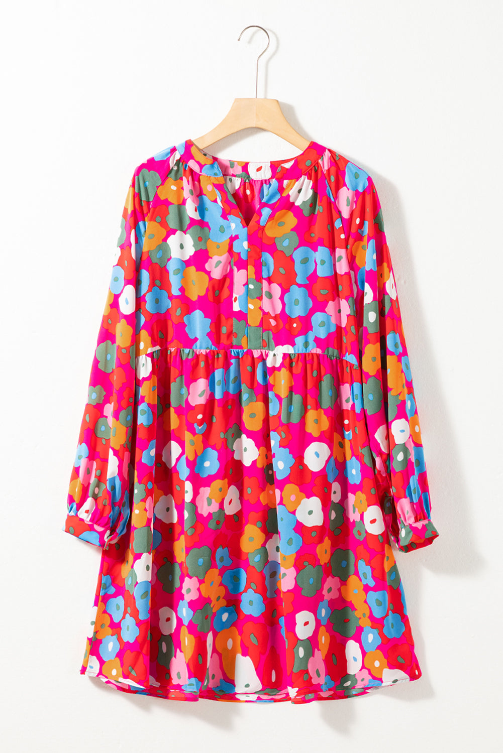 Rose Red Multicolor Floral Split Neck Flowy Tunic