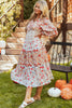 Full Size Printed V-Neck Lantern Sleeve Midi Dress