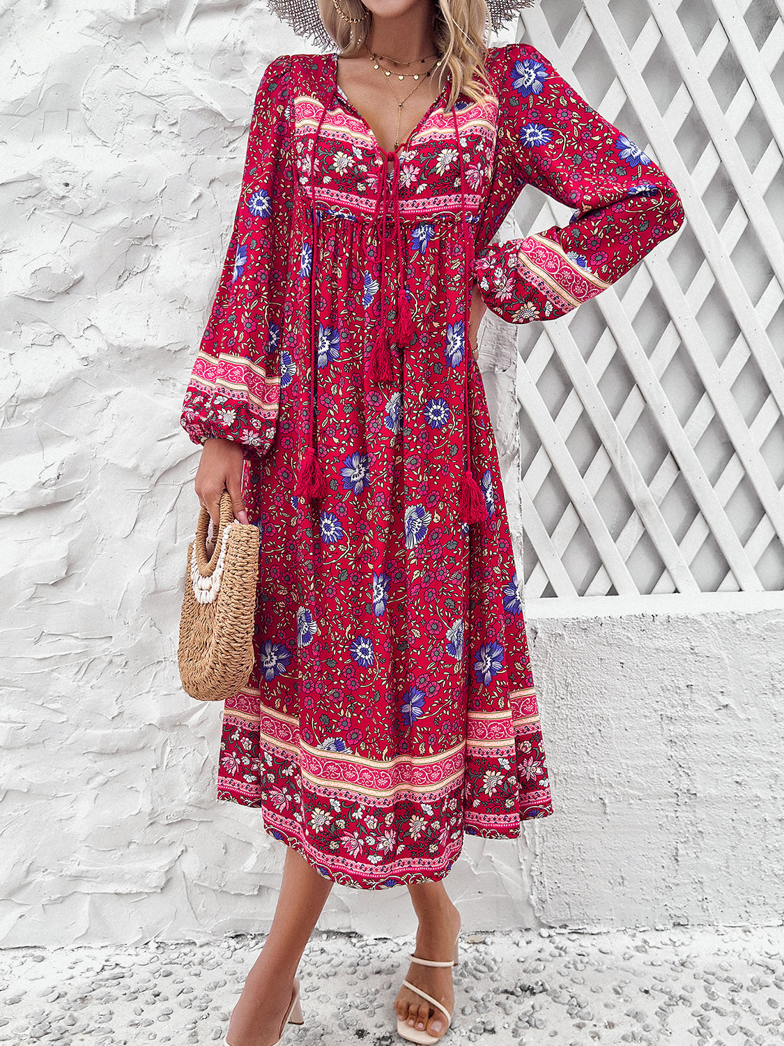 Devine Tassel Tied Printed Long Sleeve Dress