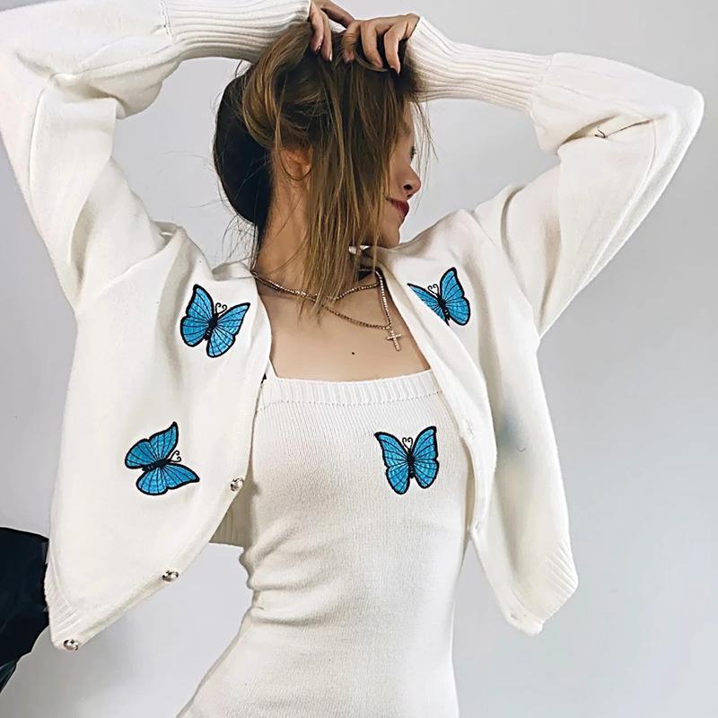 Butterfly Embroidery Knitted Cardigan Two Piece Set