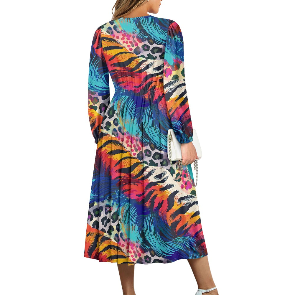 Leopard Zebra Waist Long Sleeve Tie Dress