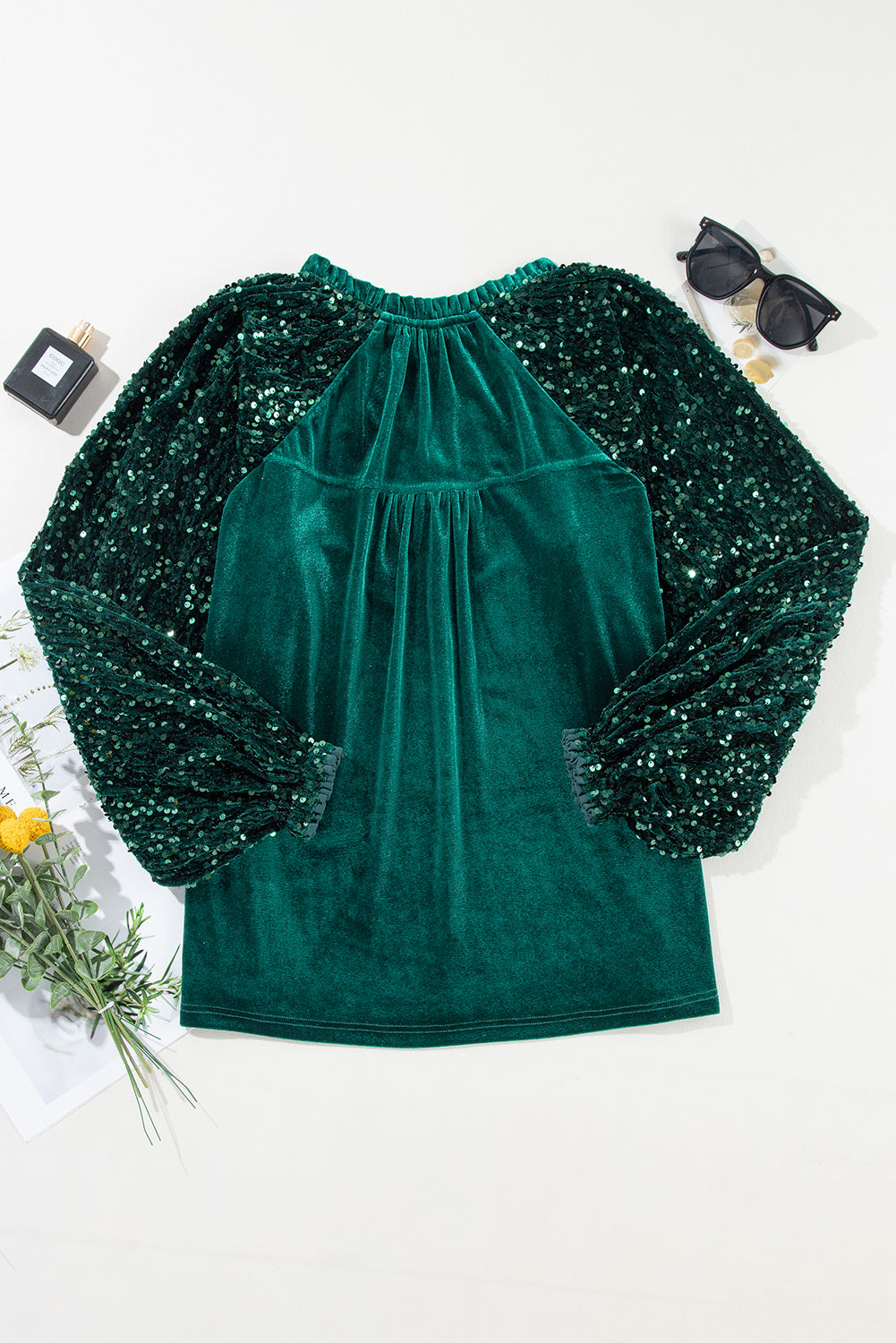 Evergreen Velvet Sequin Patchwork Sleeve Button Up Blouse