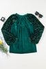 Evergreen Velvet Sequin Patchwork Sleeve Button Up Blouse