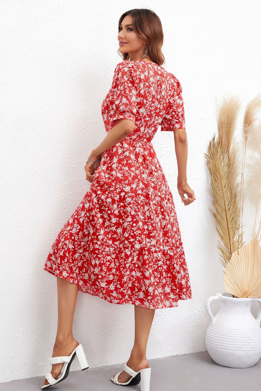 Honey Floral Tie Waist Puff Sleeve Midi Dress