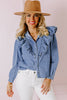 Dusk Blue Denim Button Front Ruffle Decor Long Sleeve Blouse