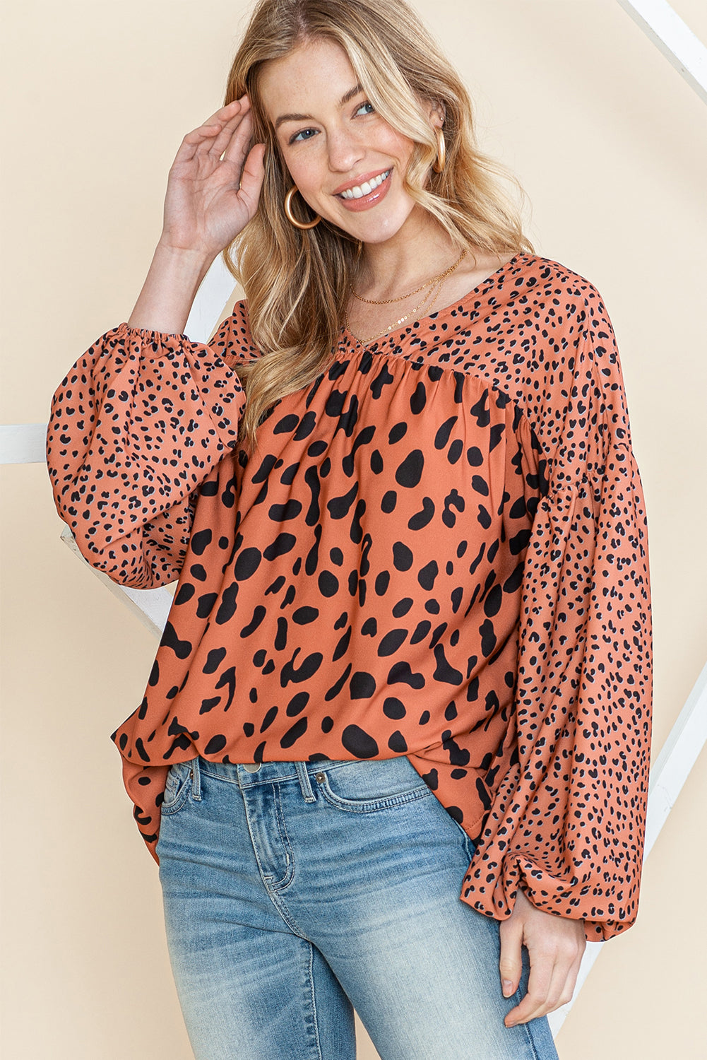 Brown Leopard V Neck Lantern Sleeve Tunic Blouse