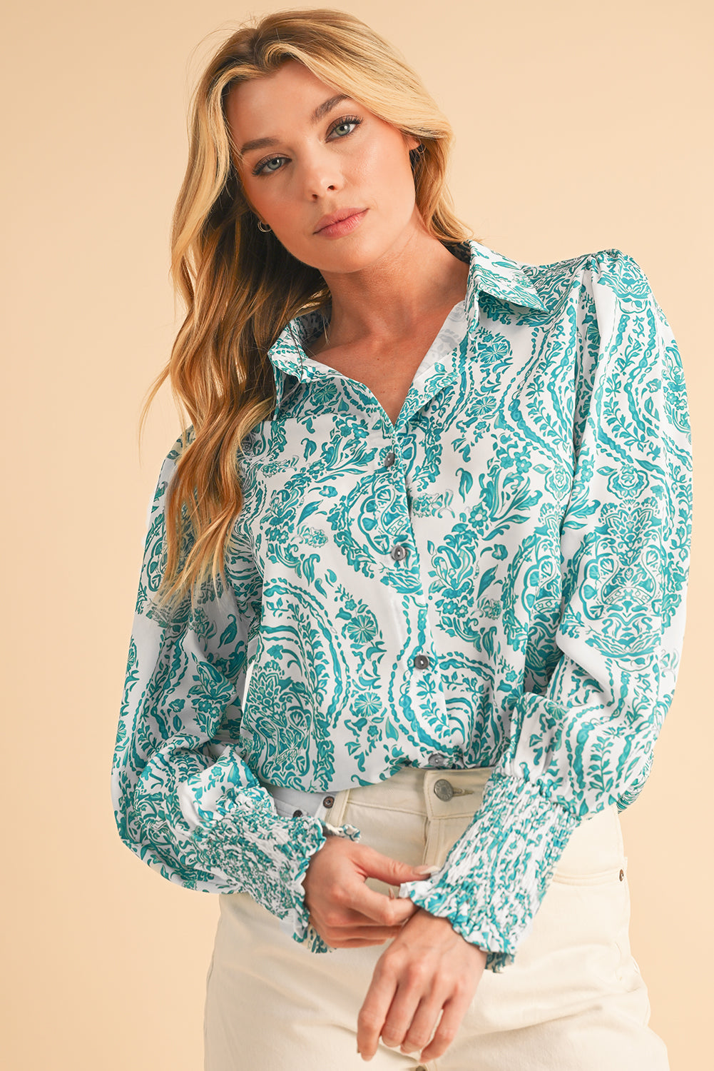 Green Paisley Print Smocked Cuffs Buttoned Loose Shirt