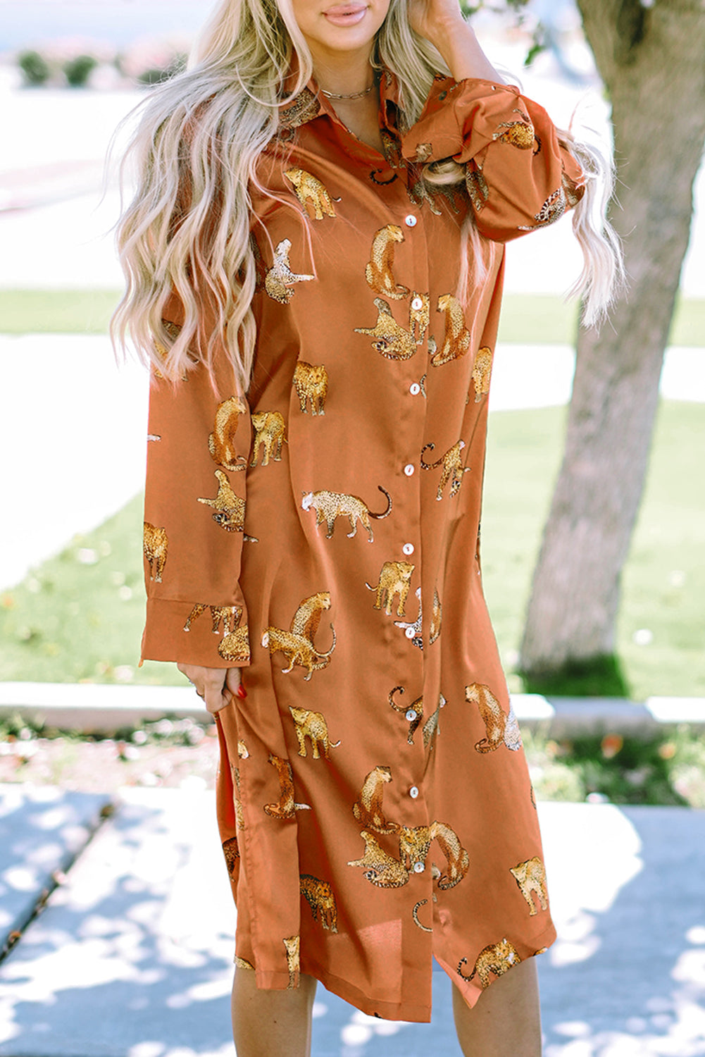 Mustard Cheetah Print Button-Up Split Shirt Dress