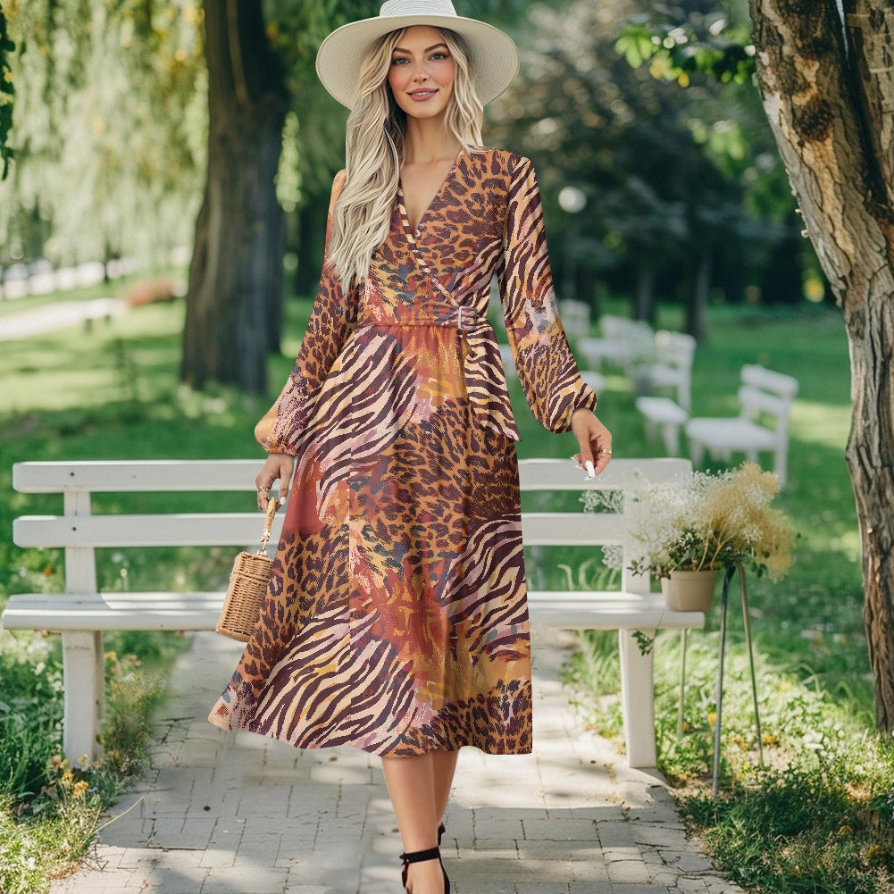 Leopard and Zebra Waist Long Sleeve Tie Dress