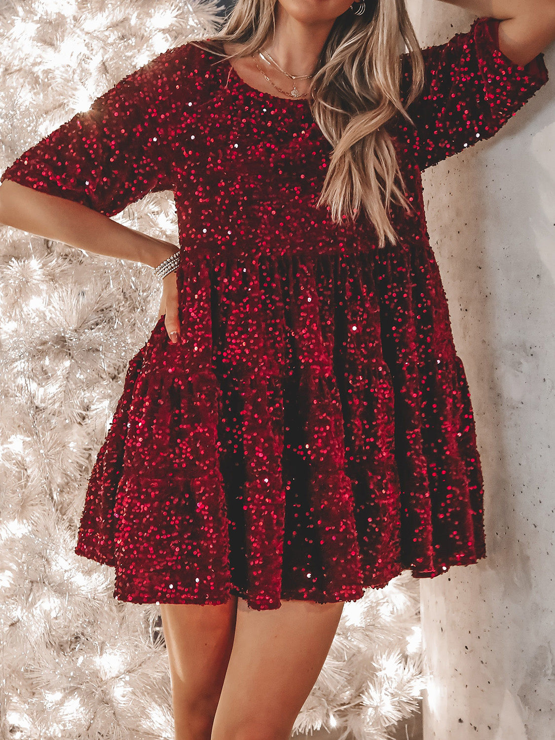 Full Size Sequin Round Neck Half Sleeve Tunic