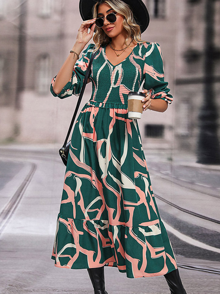 Perfee Printed Smocked V-Neck Three-Quarter Sleeve Midi Dress