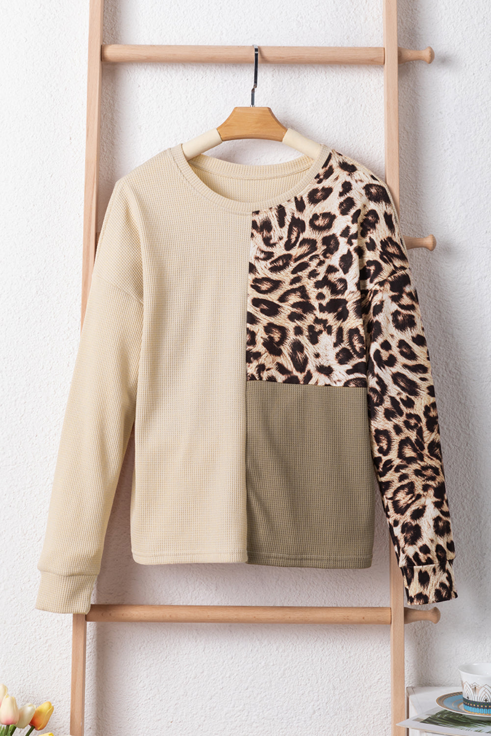 Bonbon Casual Waffle Knit Leopard Contrast Long Sleeve Top