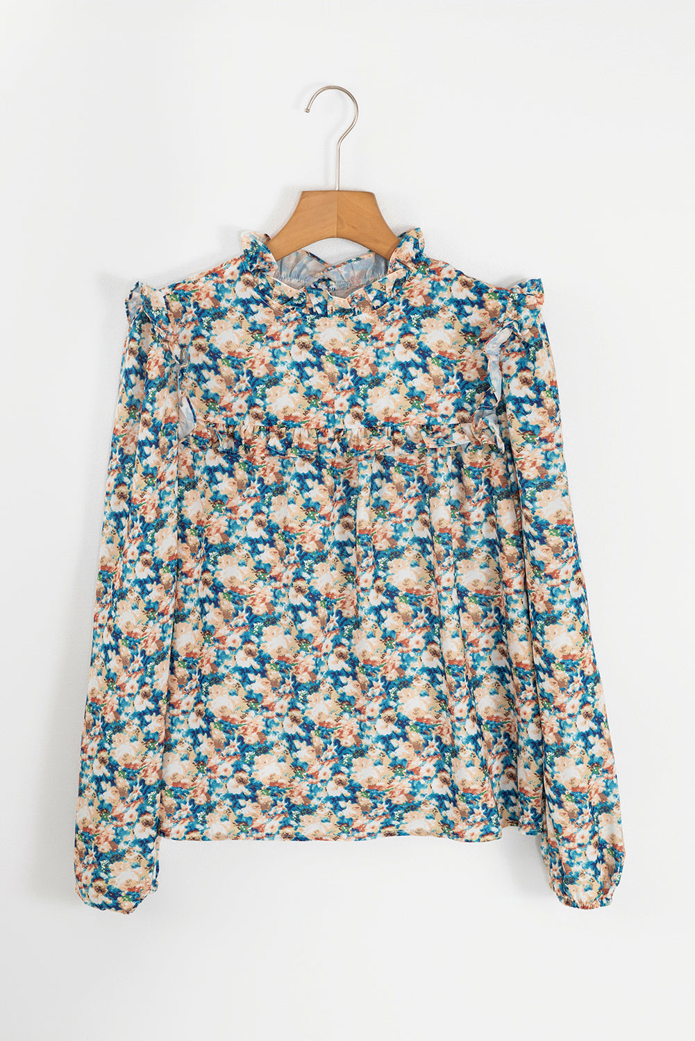 Sky Blue Floral Print Frill Neck Puff Sleeve Blouse