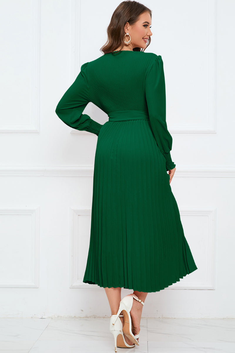 Round Neck Flounce Sleeve Pleated Dress