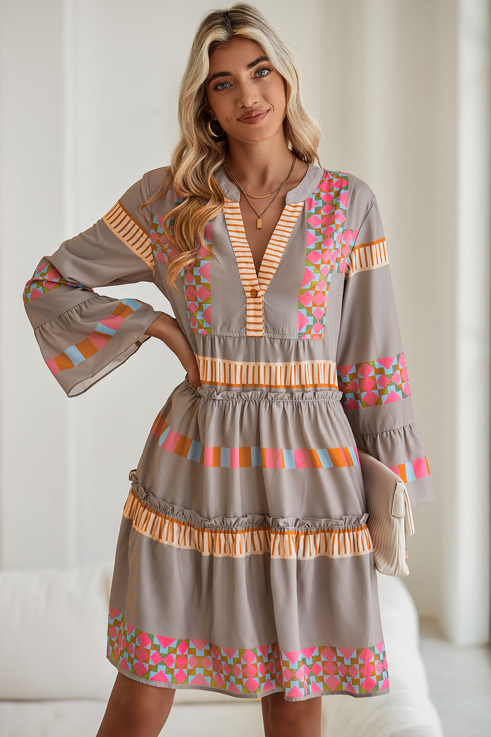 Simply Taupe Ethnic Geometric Print Ruffle Mini Dress