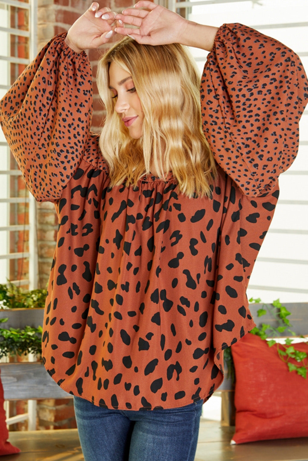 Brown Leopard V Neck Lantern Sleeve Tunic Blouse