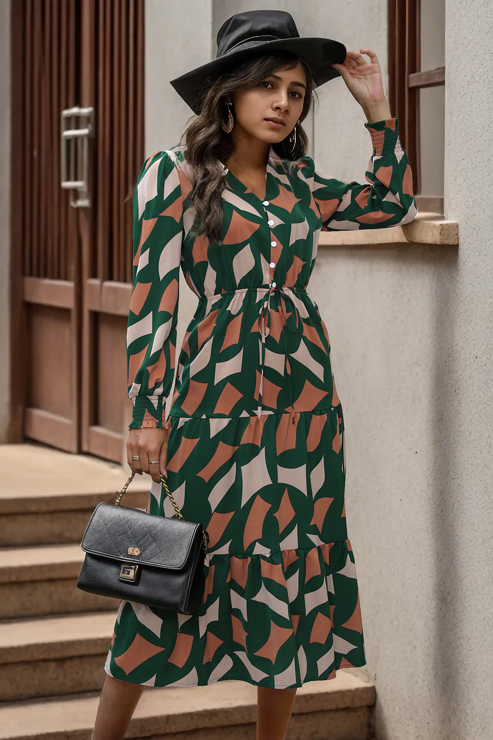 Perfee Printed Tied Pocketed Lantern Sleeve Dress