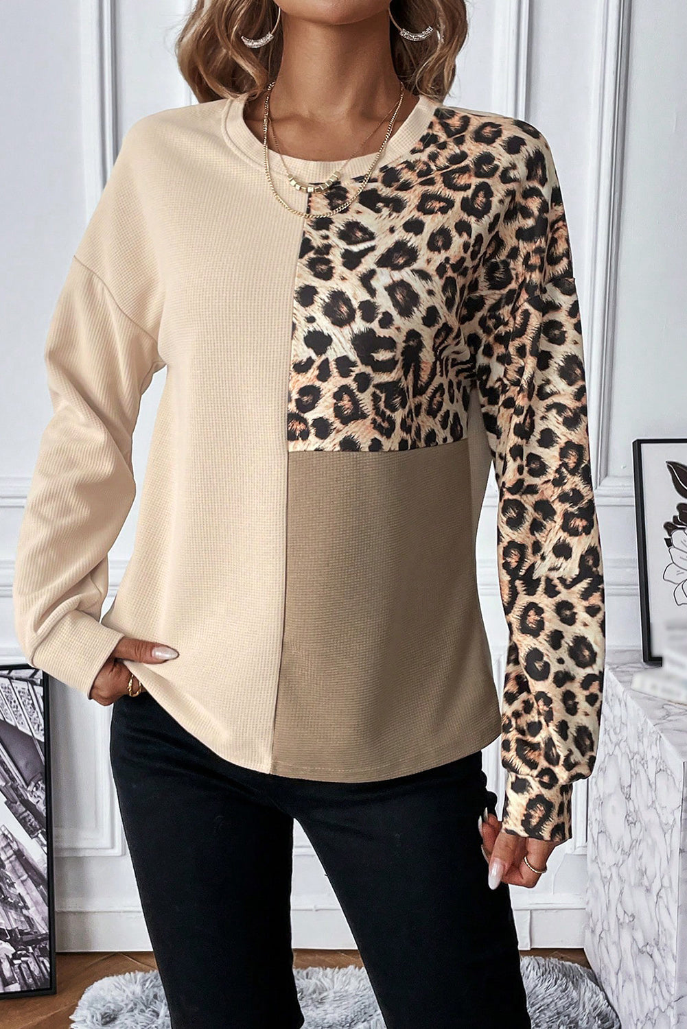 Bonbon Casual Waffle Knit Leopard Contrast Long Sleeve Top