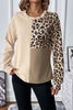 Bonbon Casual Waffle Knit Leopard Contrast Long Sleeve Top