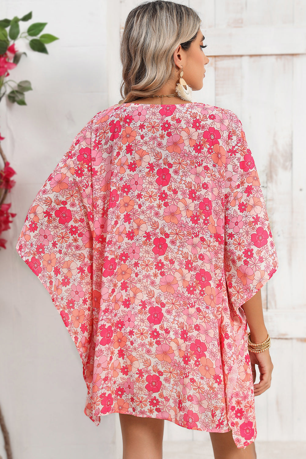 Pink Boho Floral Print V Neck Oversized Blouse