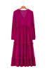 Rose Red Smocked V Neck Tiered Ruffle Velvet Plus Size Maxi Dress