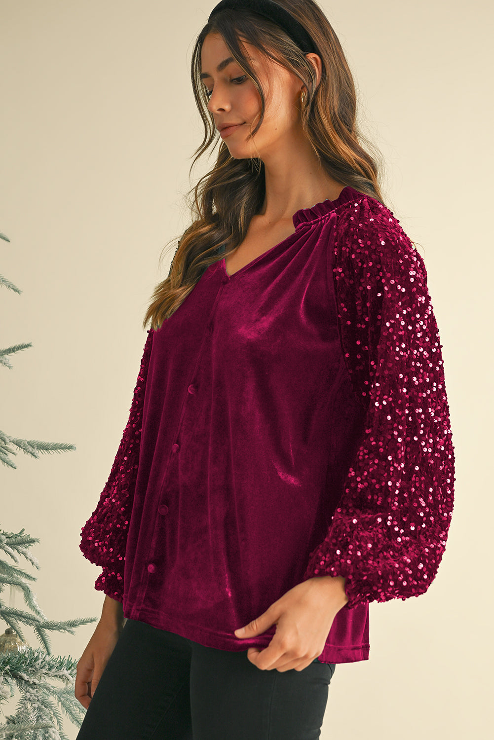 Evergreen Velvet Sequin Patchwork Sleeve Button Up Blouse