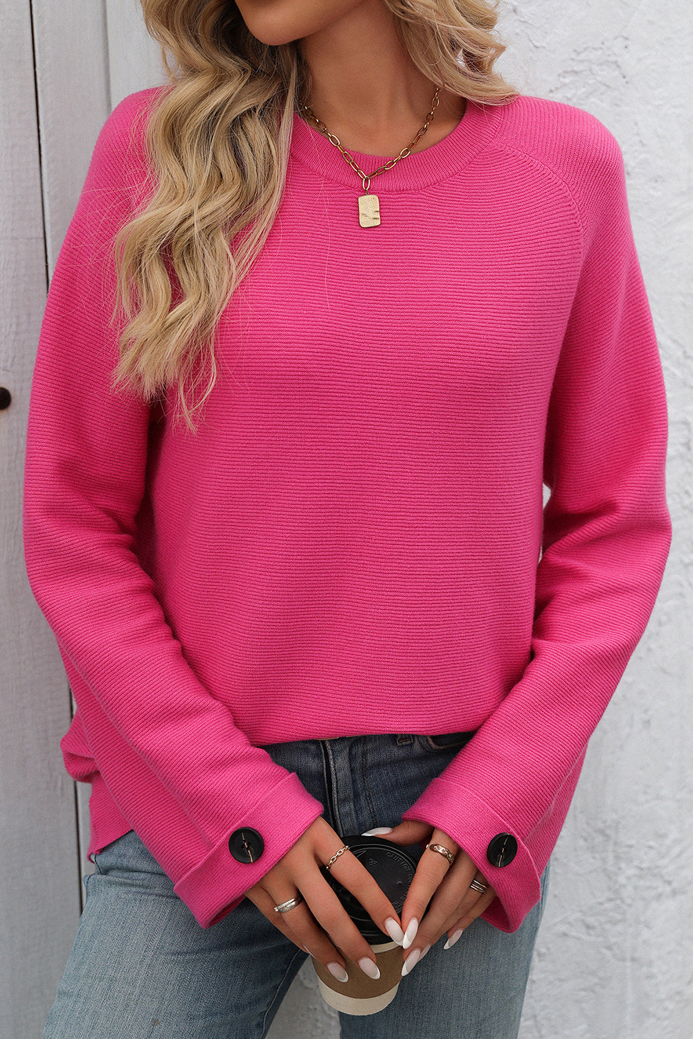 Rose Red Crinkle Ribbed Button Sleeve Sweater