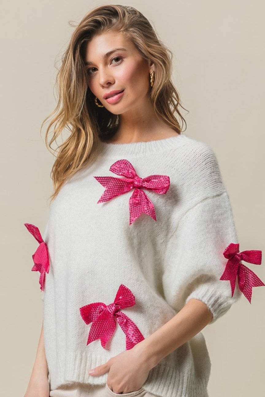 BiBi Sequin Bow Puff Sleeve Sweater