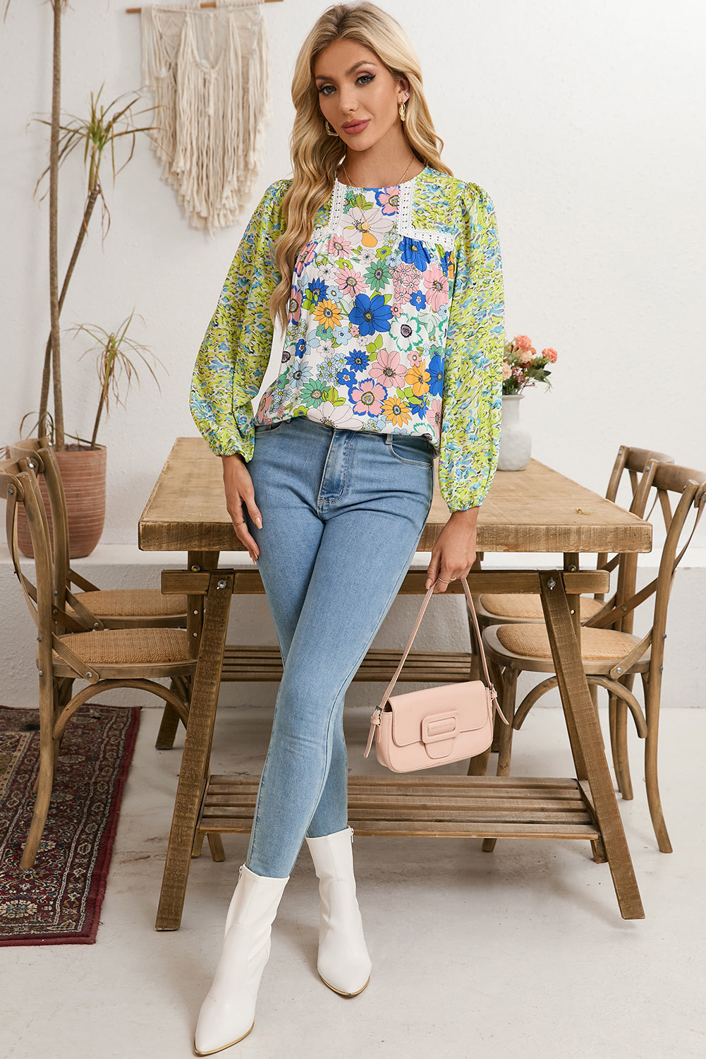 Green Bubble Sleeve Lace Detail Mixed Floral Blouse