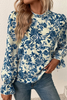 Sky Blue Floral Print Flounce Sleeve Keyhole Back Blouse