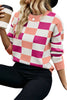 Orange Checkered Crew Neck Drop Shoulder Knit Sweater