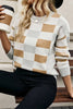 Orange Checkered Crew Neck Drop Shoulder Knit Sweater