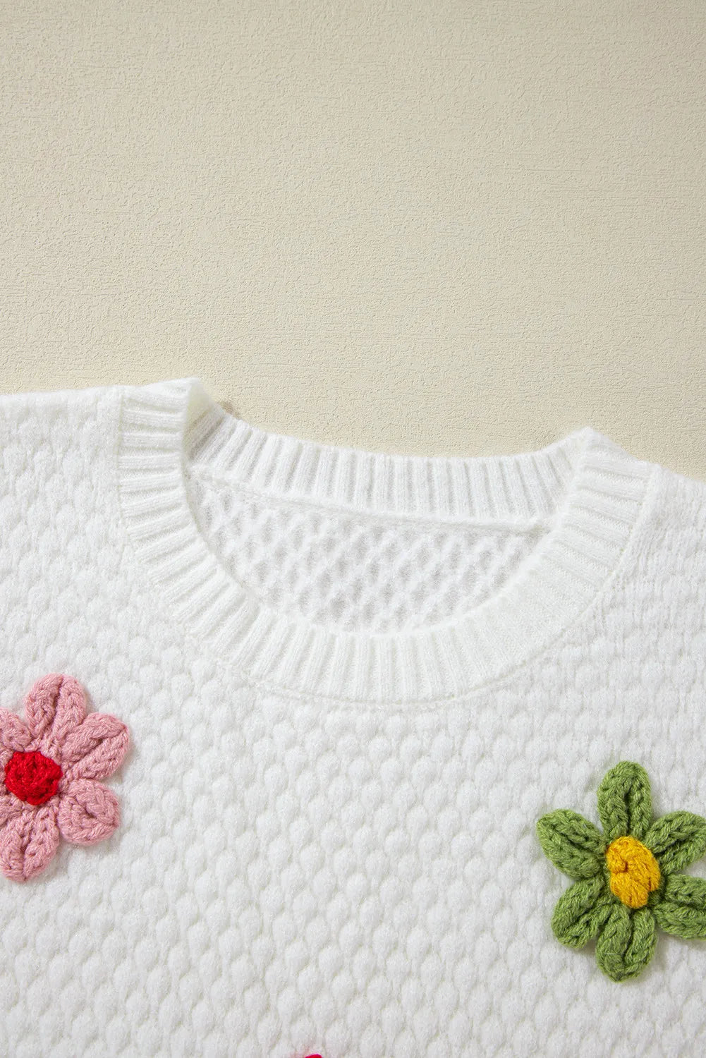 Crochet Flower Round Neck Sweater