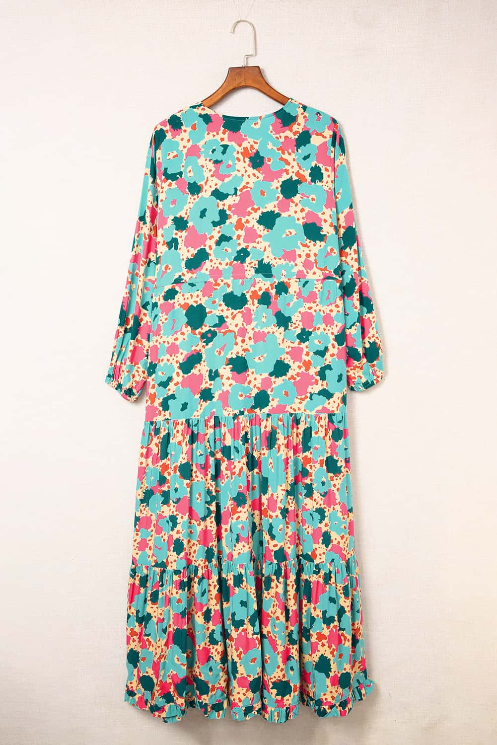 Multicolor Bohemia Print V Neck Ruffle Long Sleeve Maxi Dress