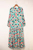 Multicolor Bohemia Print V Neck Ruffle Long Sleeve Maxi Dress