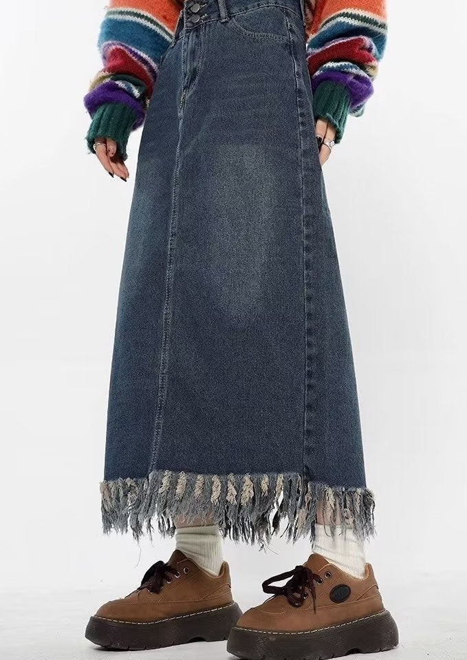 Tassel Half-length Denim Women's Hong Kong Style Autumn High Waist Slimming A- Line Long Overknee Skirt