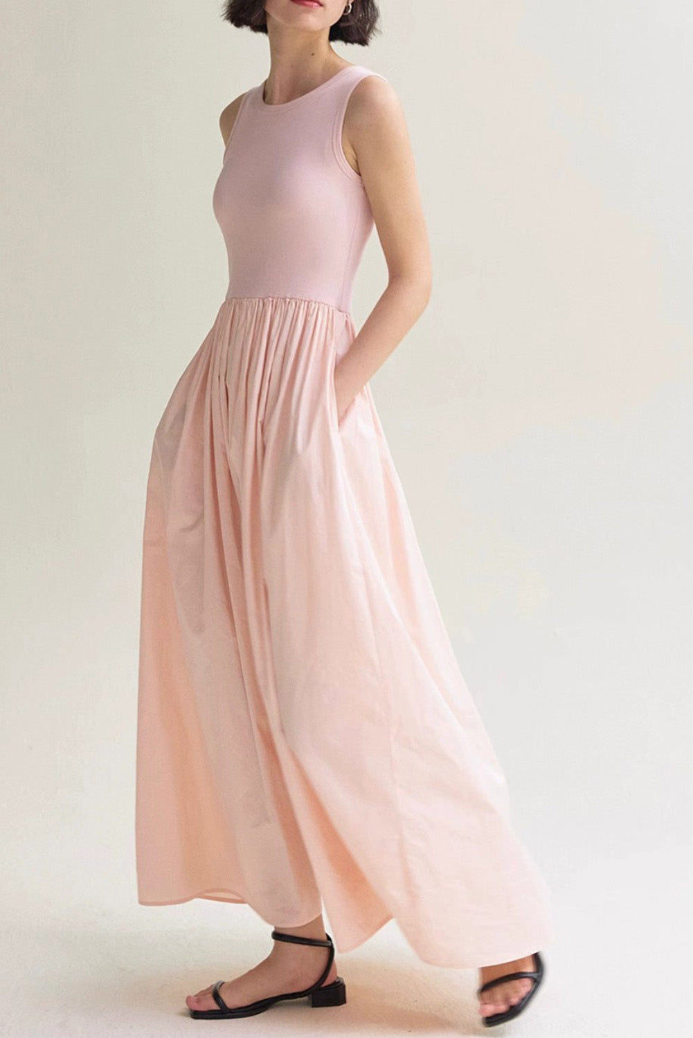 Light Pink Solid Color Knitted Patchwork Sleeveless Midi Dress