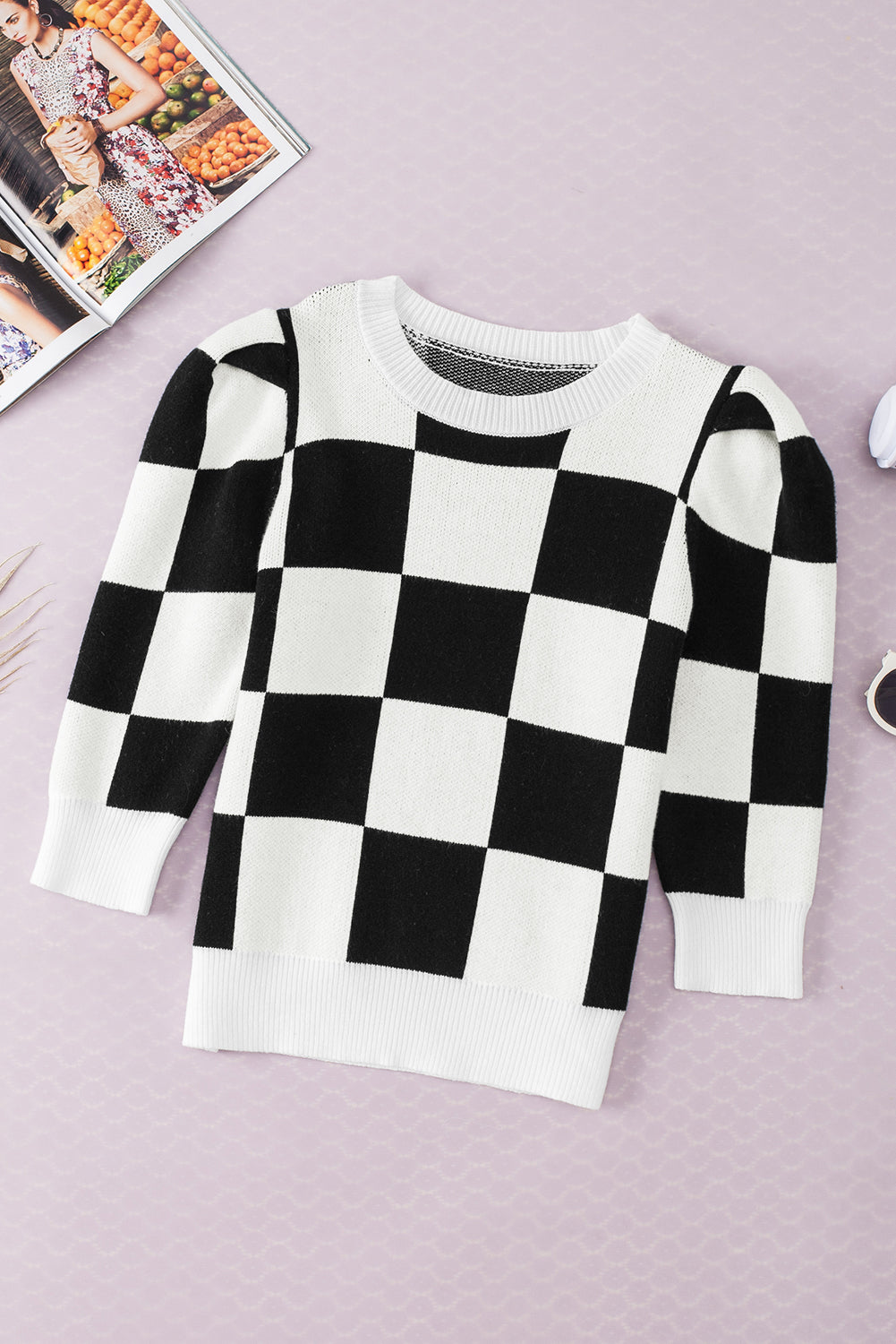 Black Two Tone Checkered Bubble Sleeve Knit Top