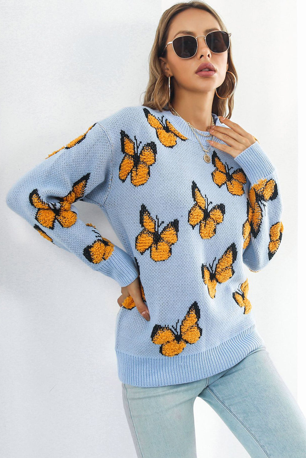 Sky Blue Dimensional Butterfly Pattern Round Neck Sweater