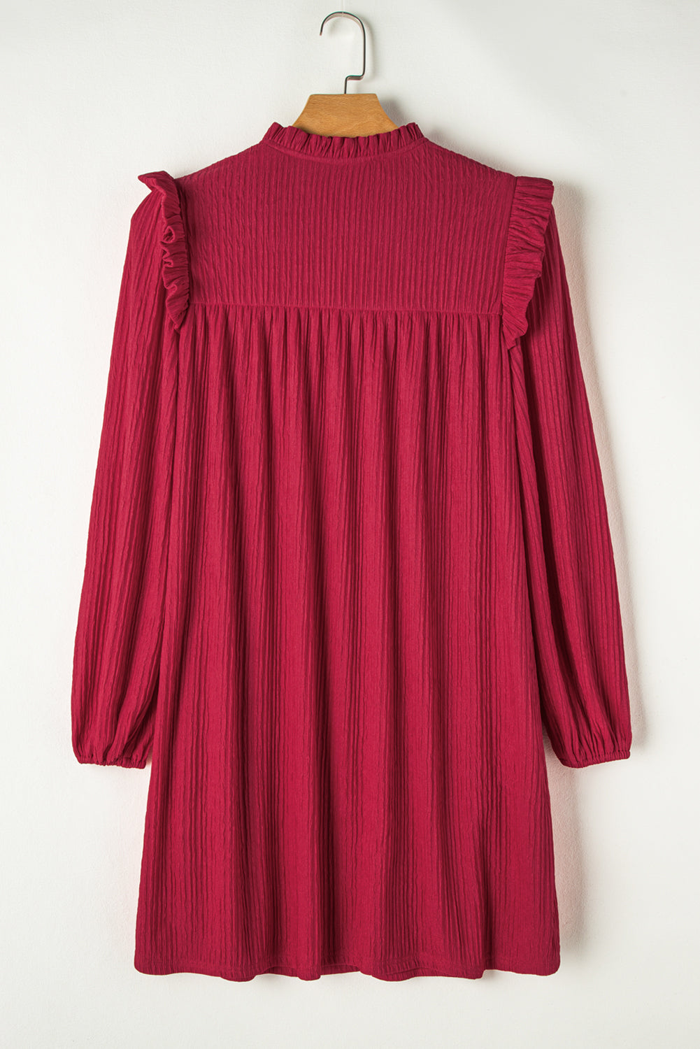 Fiery Red Textured Ruffled Trim V Neck Loose Fit Tunic