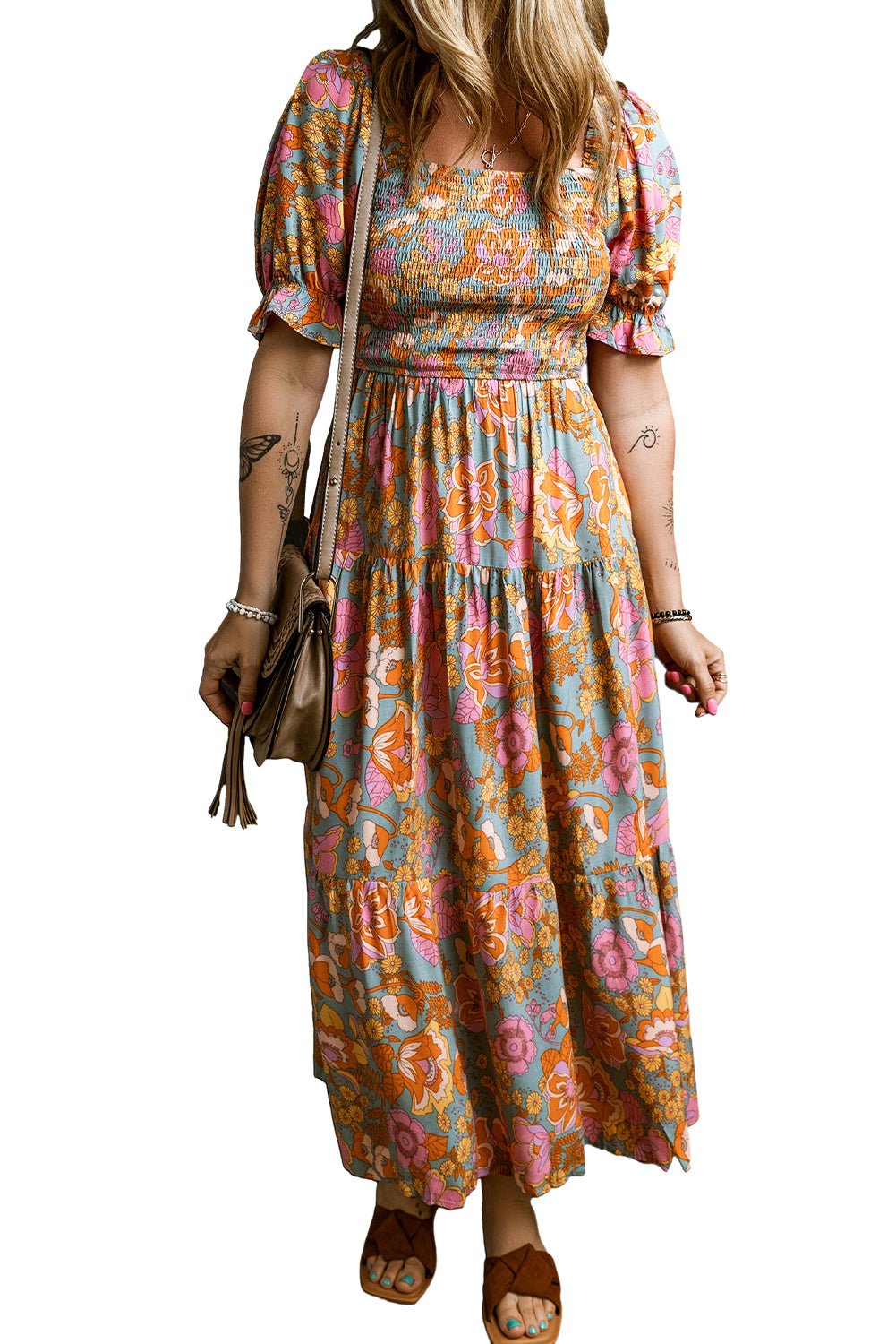 Yellow Smocked Bodice High Waist Puff Sleeve Floral Dress